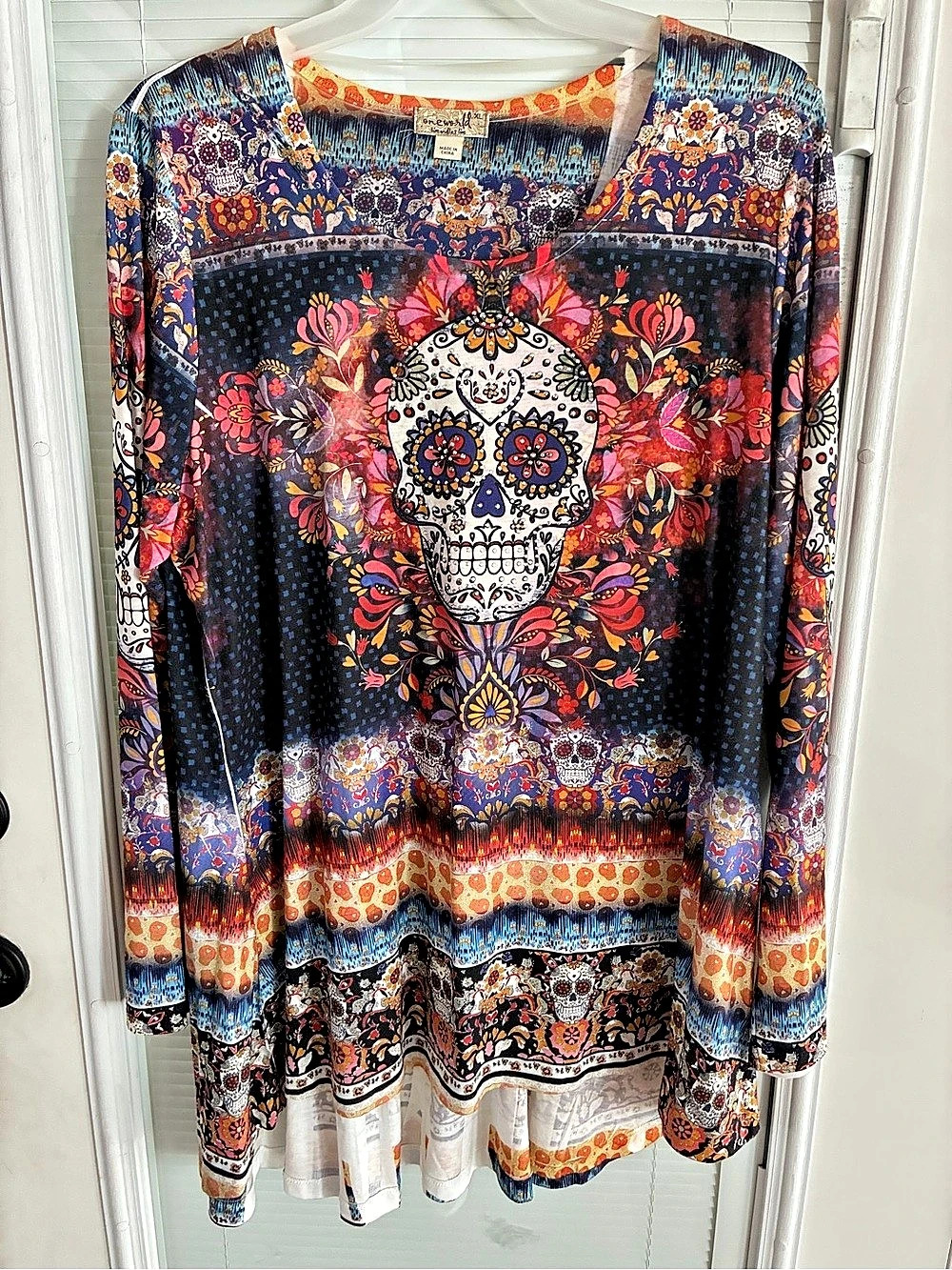 One World Live and Let Live Sugar Skull Tunic Top Blue & Multicolor